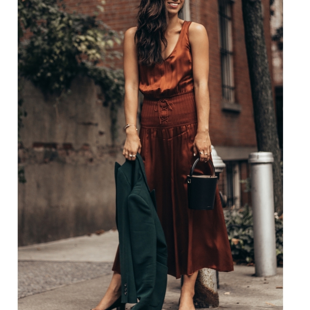 WILFRED LE FOU 100% Silk Corset Midi Dress Rust XXS ARITZIA